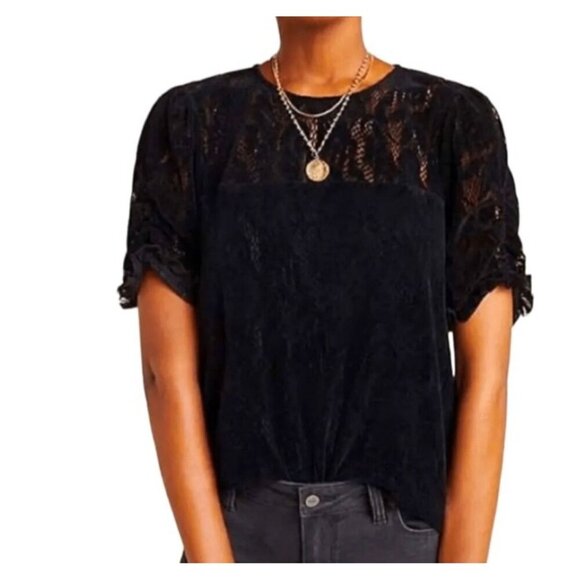 Anthropologie Womens Parvati Black Lace & Velvet Short Sleeve Blouse Size Small - Picture 1 of 9